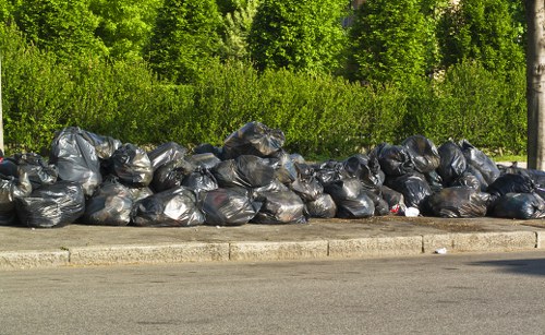 A large collection of black plastic rubbish bags, tightly packed and piled along the edge of a paved roadside, with some bags resting directly on the pavement. Behind the bags, there is a dense green backdrop of trees and shrubs, indicating a natural or suburban environment. The scene is illuminated by natural daylight, highlighting the shiny surface of the plastic bags and contrasting with the greenery and concrete curb. The image reflects a typical rubbish accumulation on a street, which companies like Garden Clearance Hendon may assist with in garden or waste removal services within the Hendon area, near London postal districts. The waste appears to be a mix of household or garden refuse stored temporarily awaiting collection, emphasizing the need for professional rubbish clearance solutions.